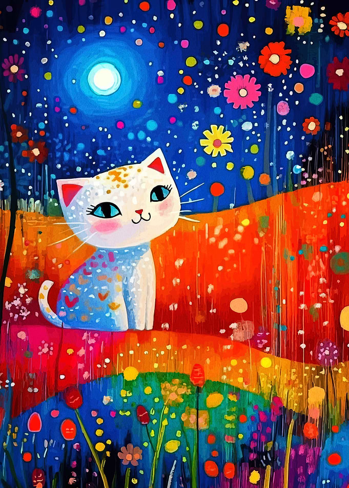 Colorful Cat in Floral Landscape