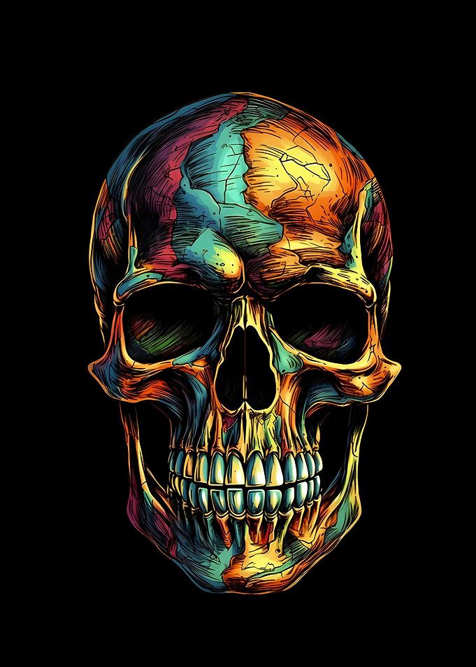 Colorful Skull Illustration on Black Background
