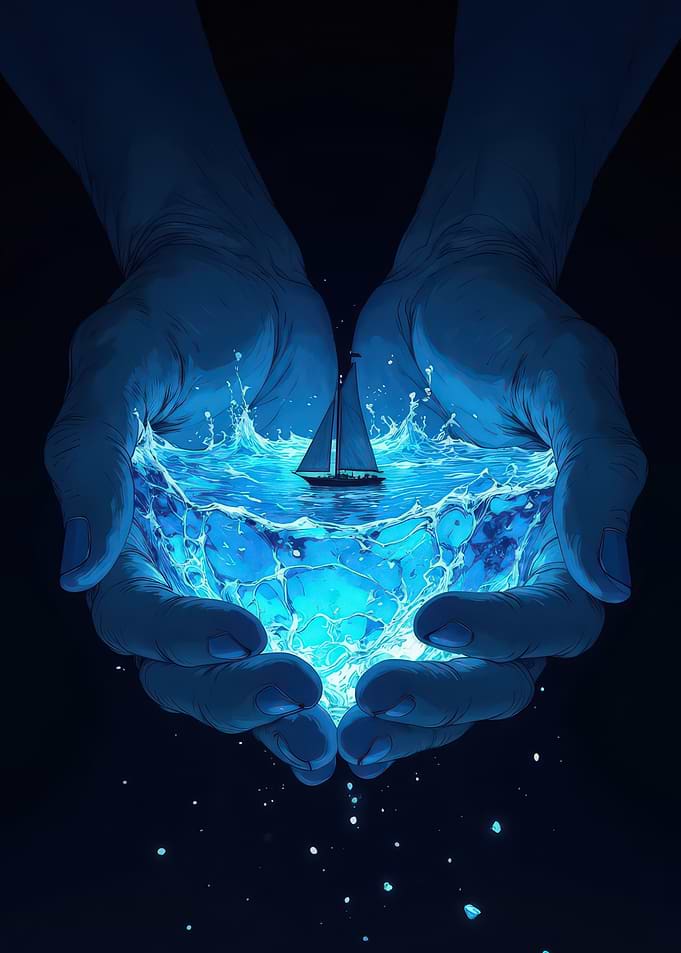 Hands Holding Ocean with Sailboat