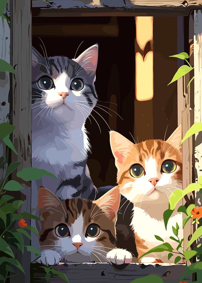 Three Cats in a Window