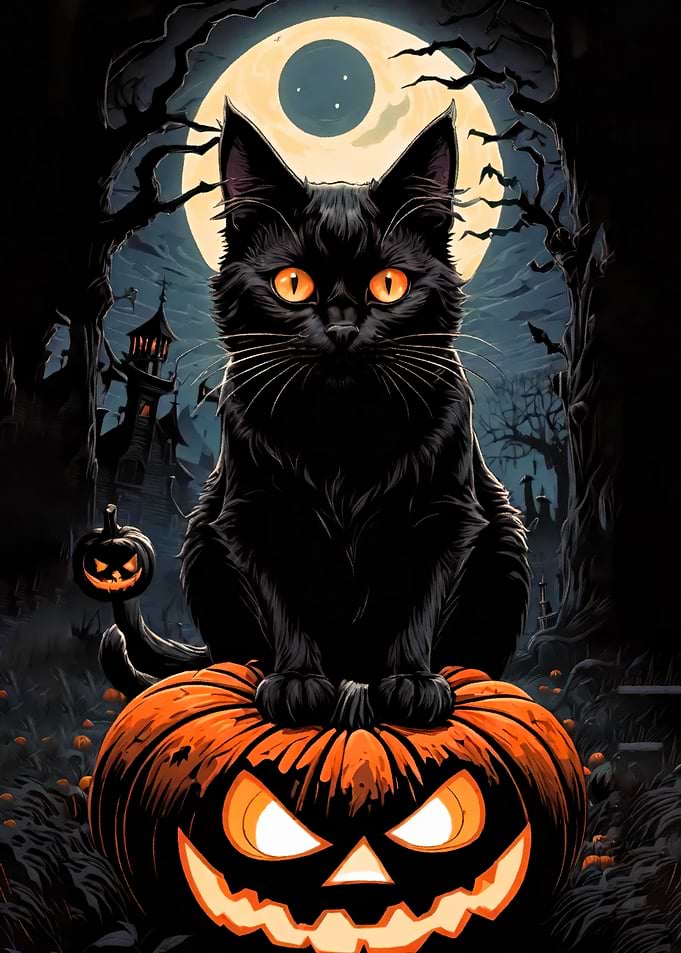 Halloween Black Cat on Pumpkin