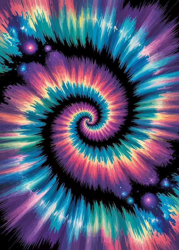 Colorful Tie-Dye Spiral with Space Elements