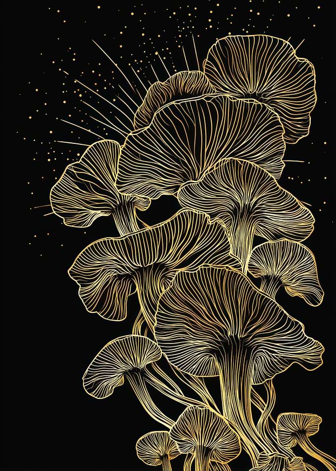 Golden Mushroom Line Art on Black