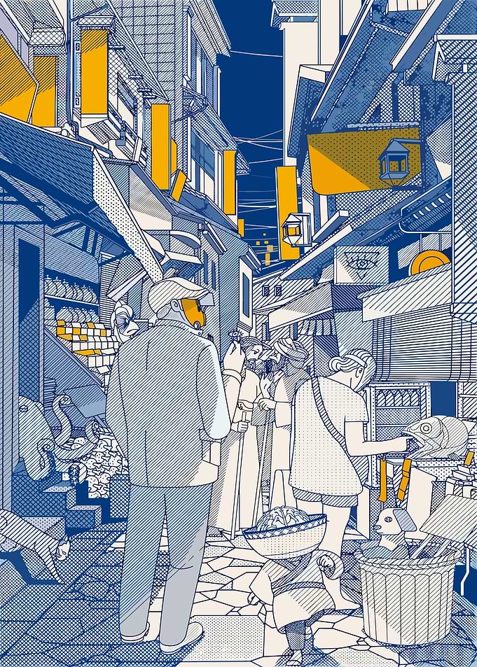Busy Asian Street Scene Illustration