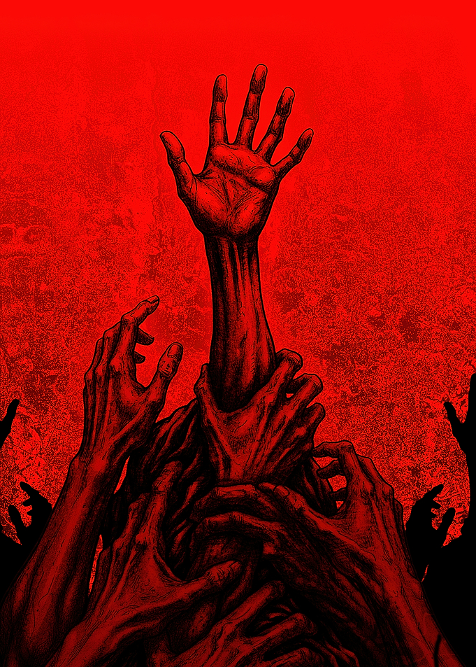 Reaching Hands in Red