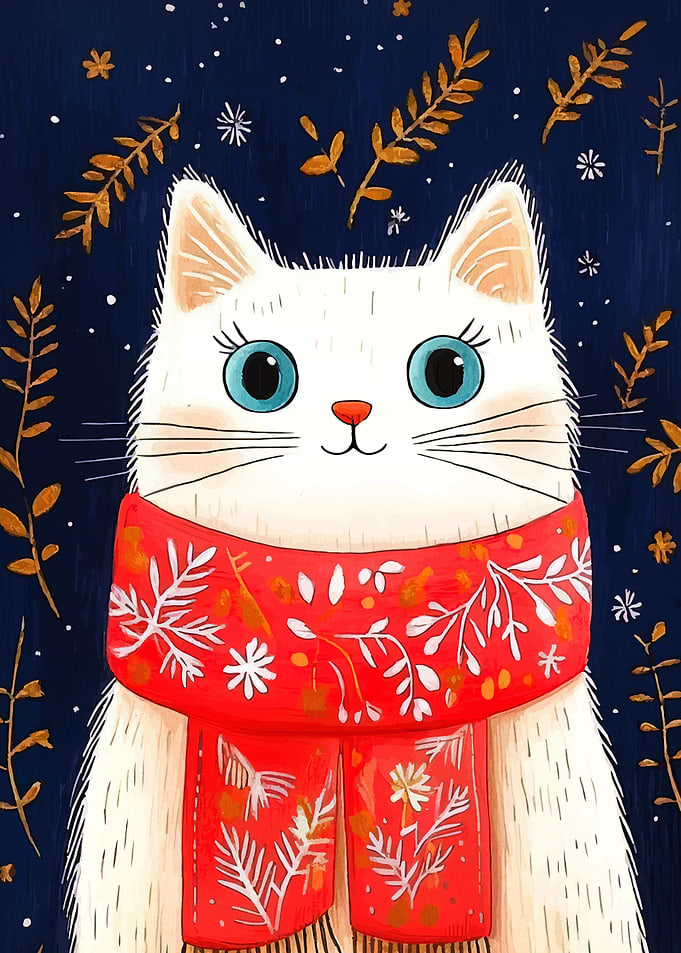Winter Cat with Scarf Illustration