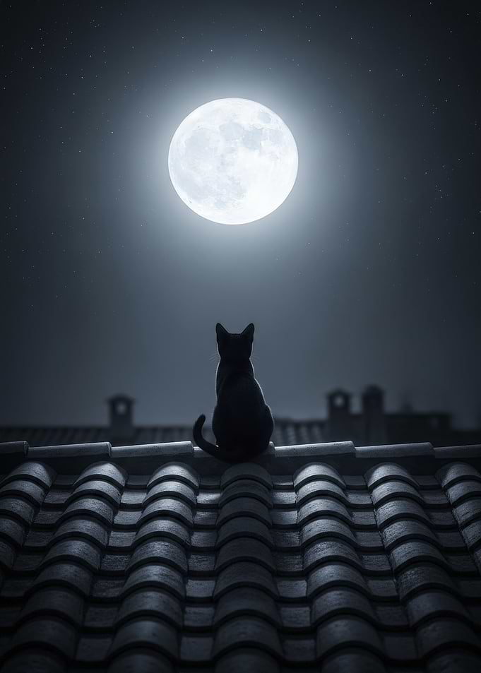 Black Cat on Roof Under Moonlight
