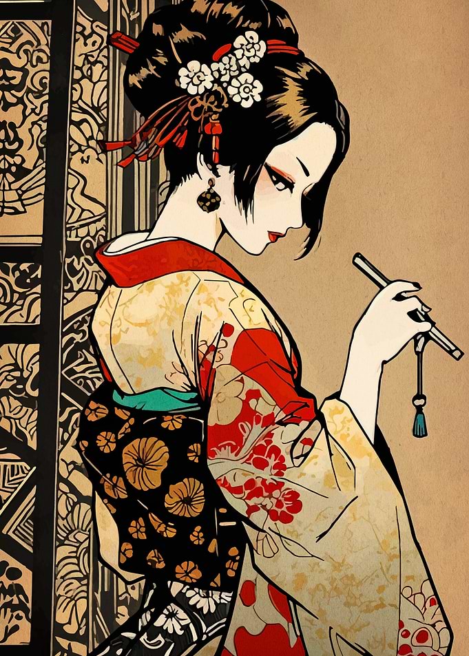 Elegant Geisha with Pipe