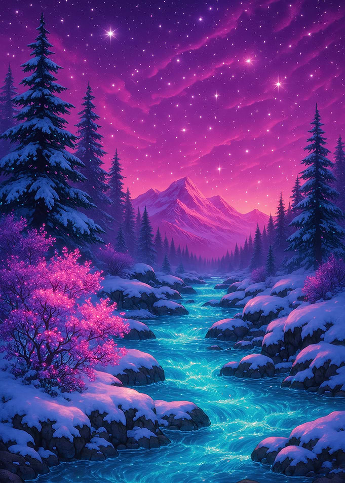 Winter river landscape with starry sky