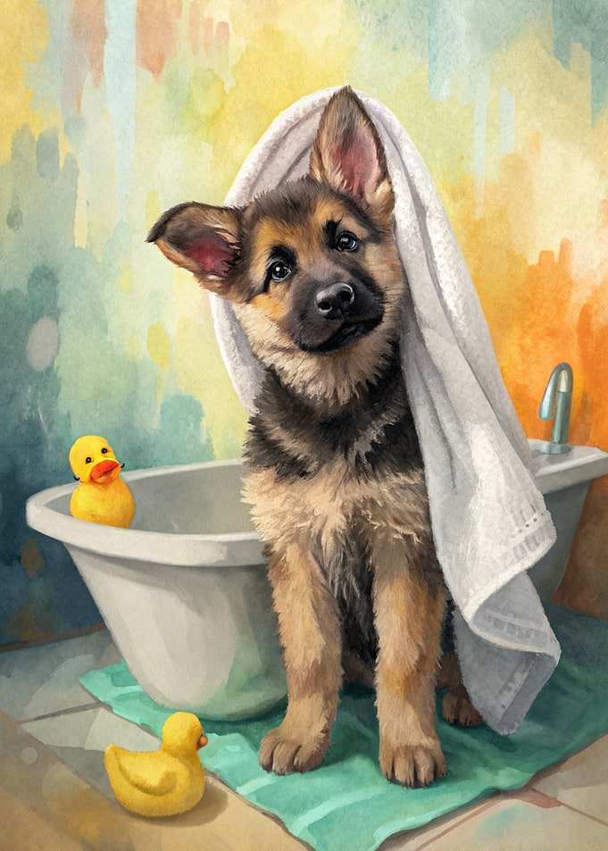 Watercolor German Shepherd Puppy Bath Time