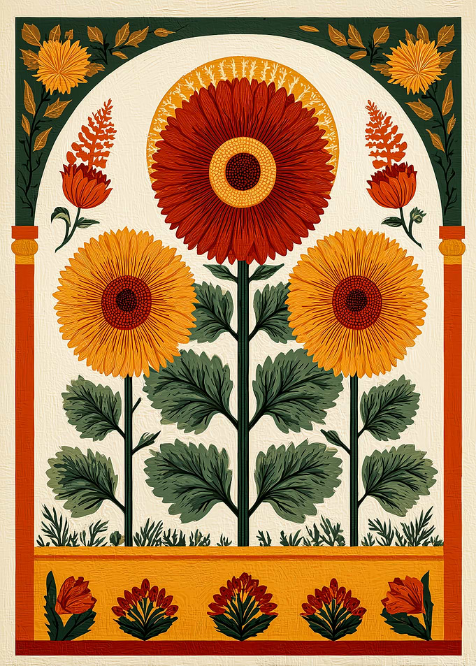 Sunflower Art — Folk Art Botanical Poster & Vintage Botanical Wall art for Cozy Decor