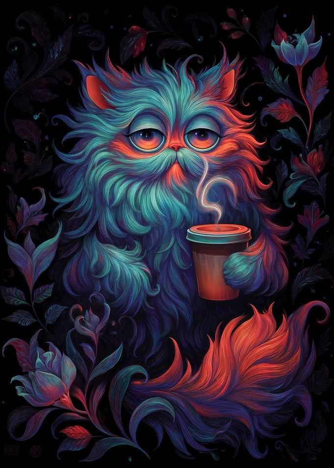 Fantasy Cat with Coffee in Floral Darkness
