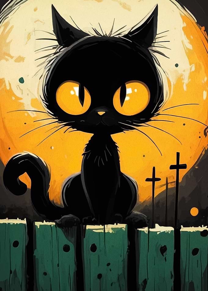 Black Cat on Fence, Halloween Night