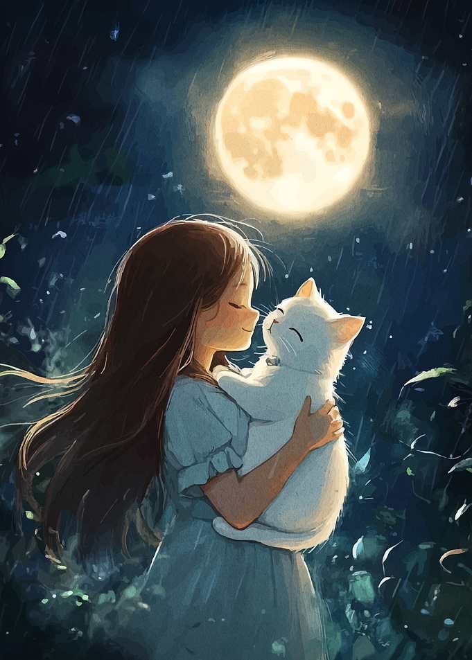 Girl and Cat Under Moonlight