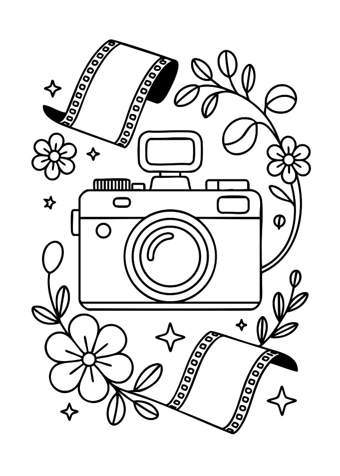 Camera, Film, and Floral Line Art