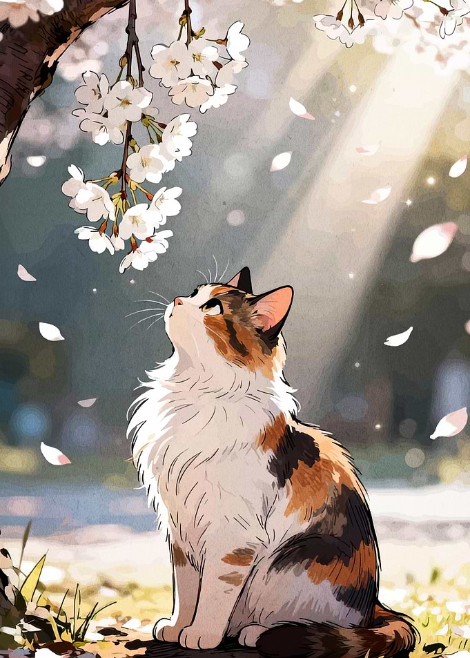 Calico Cat Under Cherry Blossoms