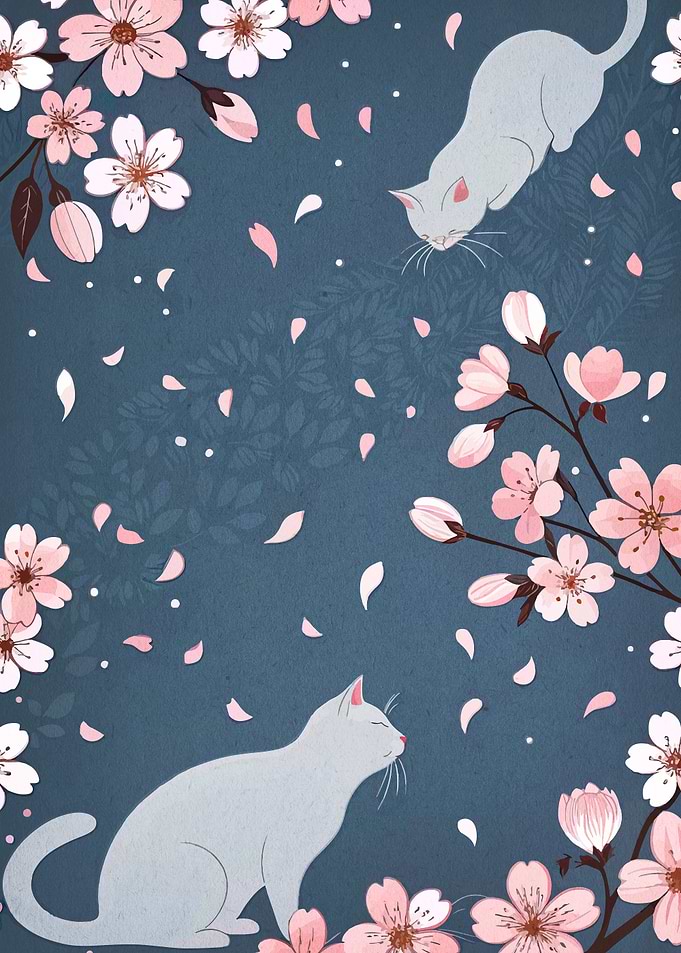 Cats and Cherry Blossoms Illustration