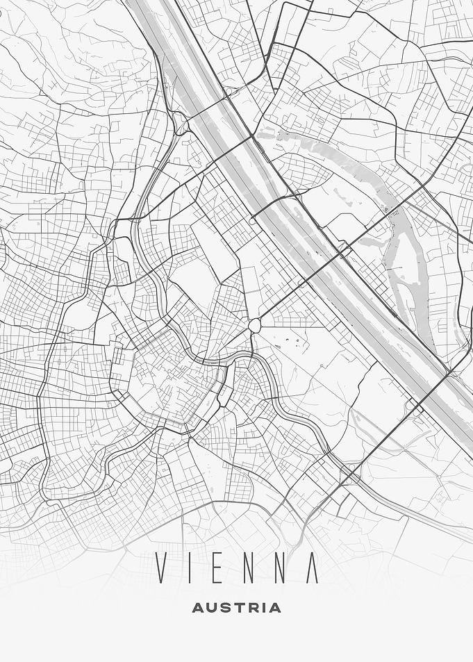 Vienna, Austria - Minimalist City Street Map, Grayscale & Modern Poster