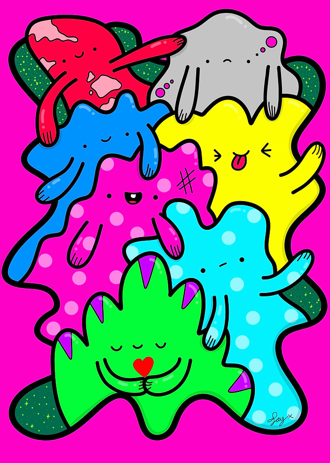 Colourful Kawaii-Core Cartoon Blob Characters Illustration