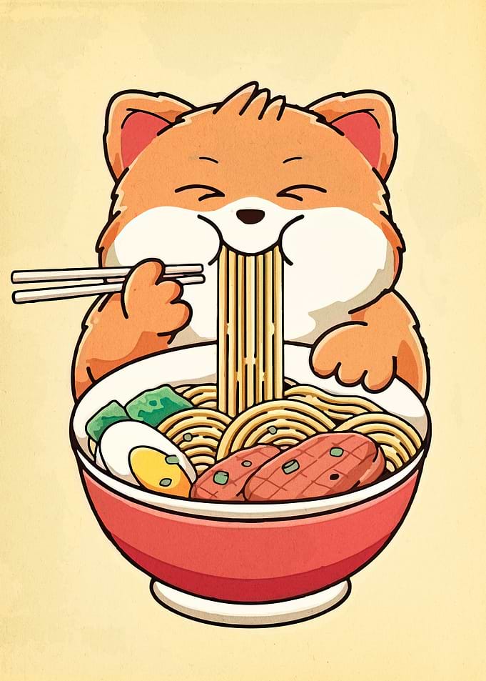 Cute Fox Eating Ramen Illustration