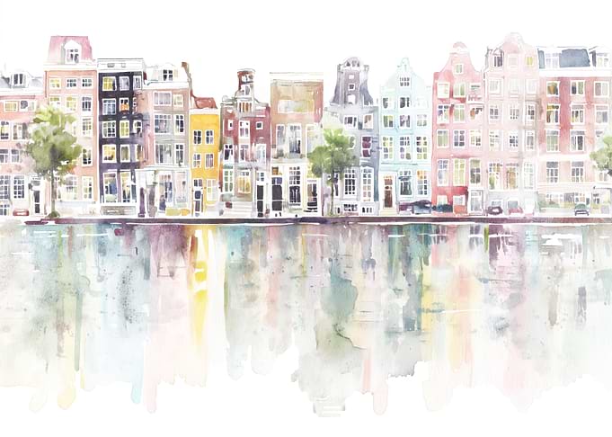 Watercolor Amsterdam Canal Houses Reflection