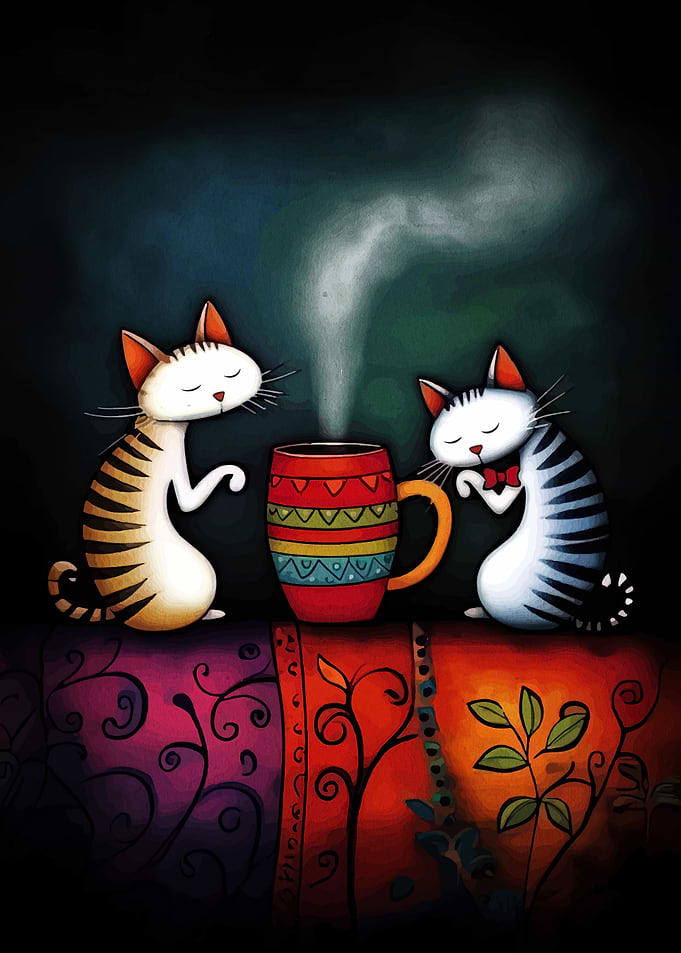 Cats and Coffee Whimsical Art