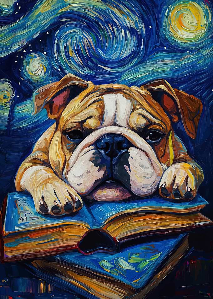 Bulldog on Books, Starry Night Style