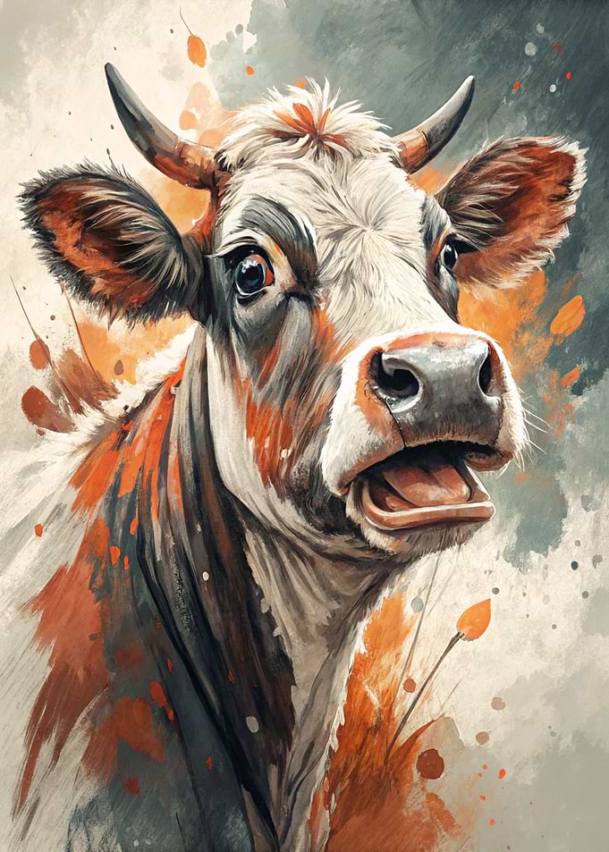 Watercolor Cow Portrait with Open Mouth