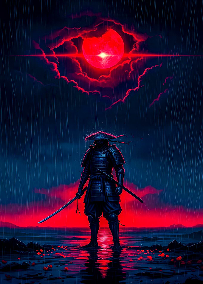 Samurai in Rain with Red Moon