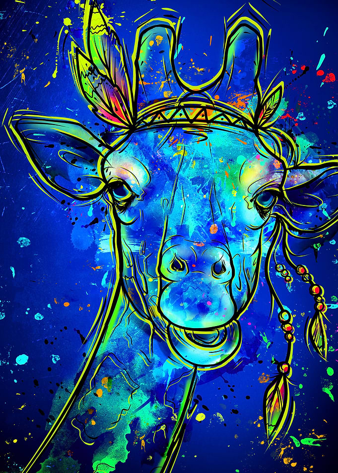 Colorful Giraffe Portrait with Tribal Headdress