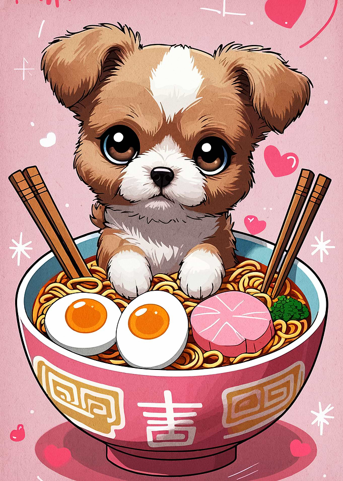 Cute Puppy in Ramen Bowl Illustration