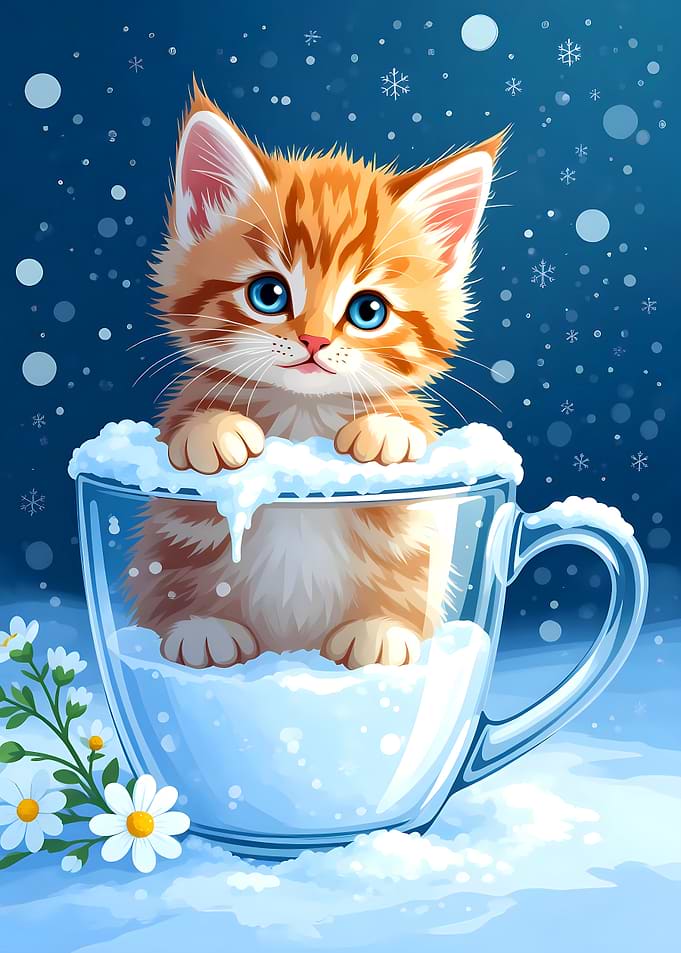 Cute Kitten in a Snowy Cup