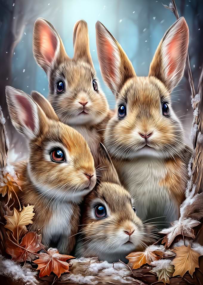 Four Cute Rabbits in Winter Scene