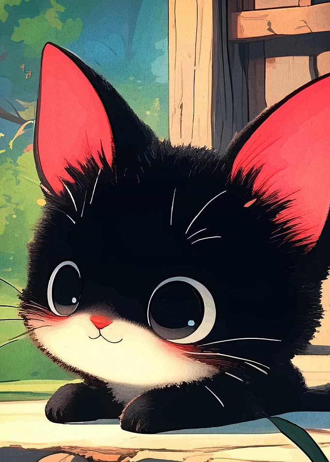 Cute Black Cat with Pink Ears