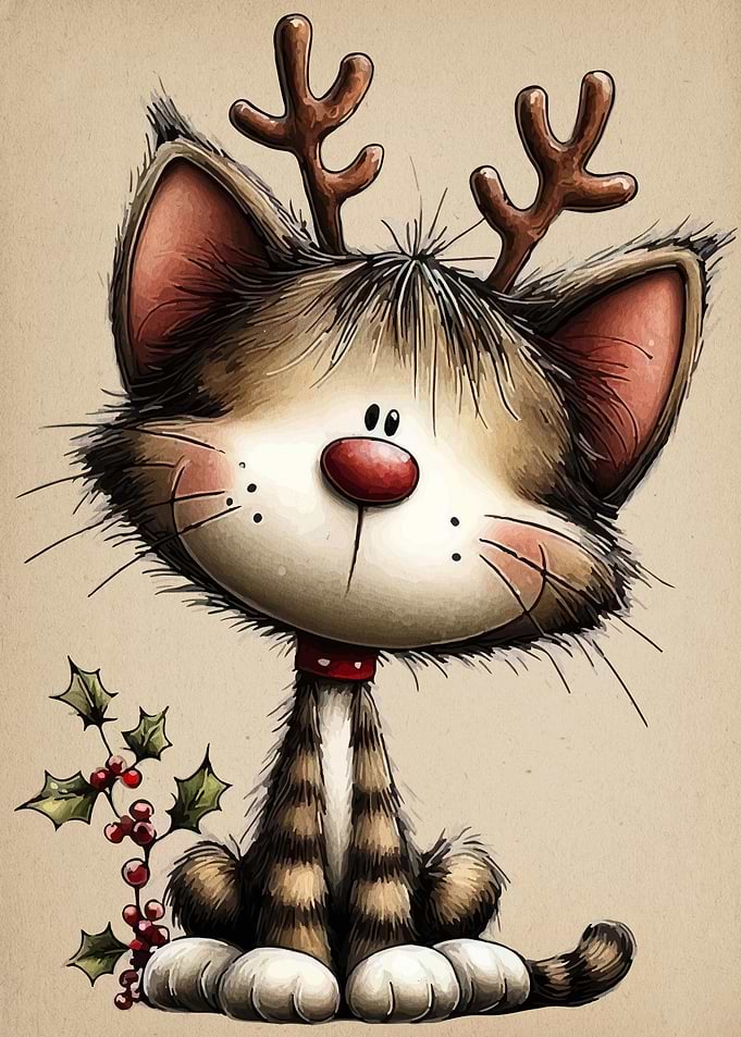 Cartoon Cat with Reindeer Antlers