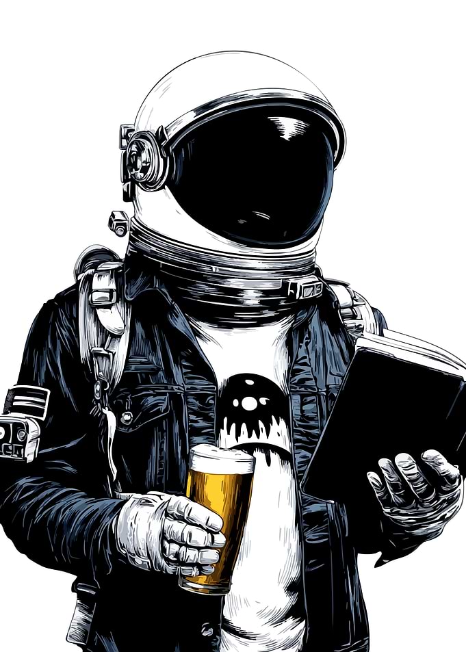 Astronaut with Beer and Book