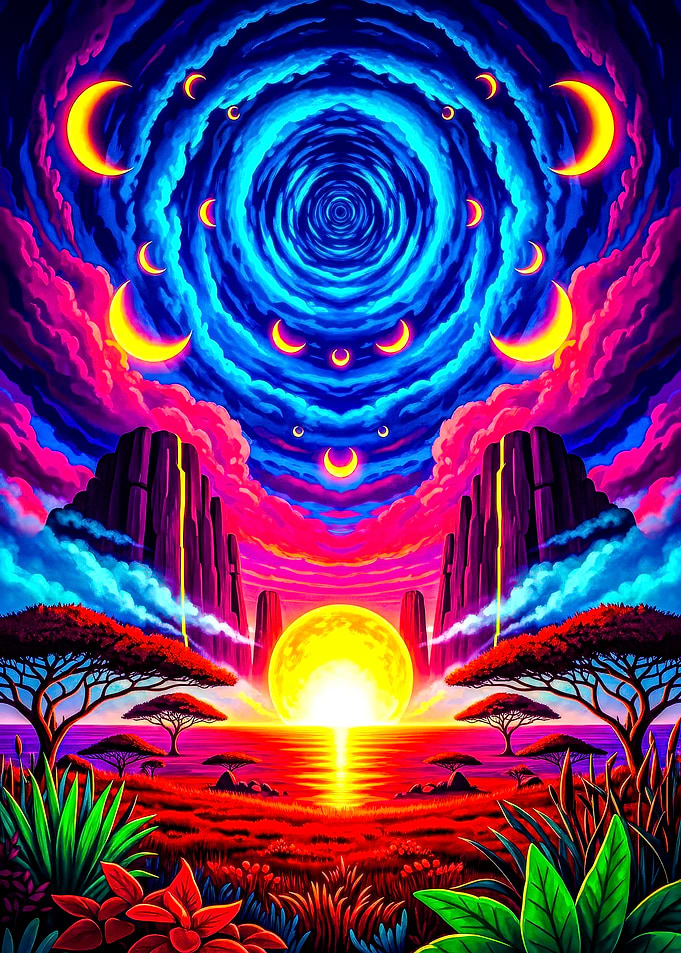 Psychedelic Landscape with Moon Phases