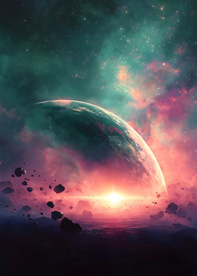 Cosmic Planet with Asteroids and Nebula