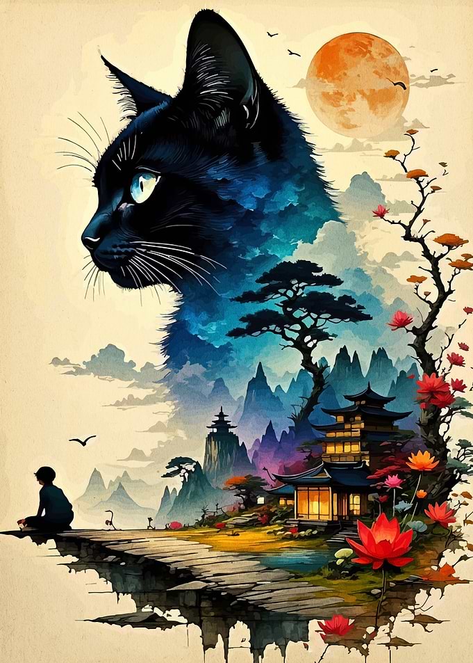 Black Cat Japanese Landscape Art