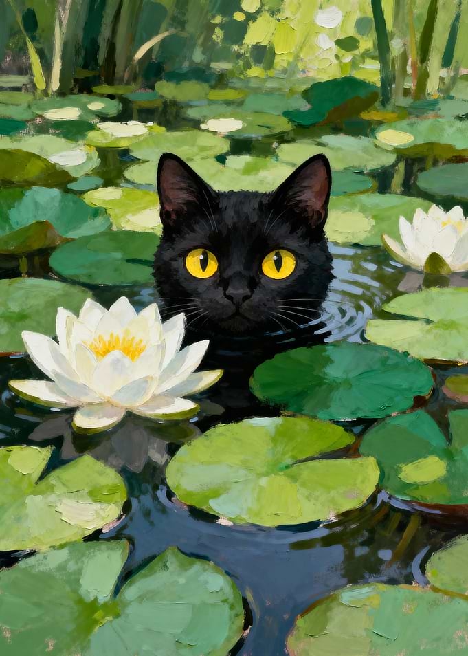 Black cat in lily pond painting