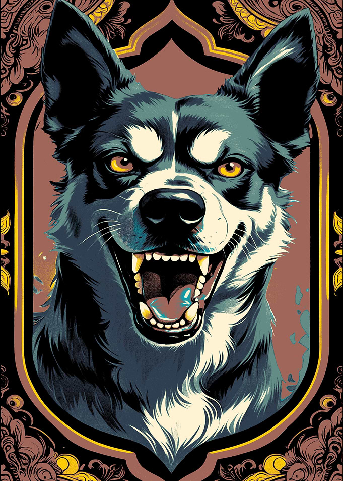 Aggressive Dog Portrait with Decorative Frame