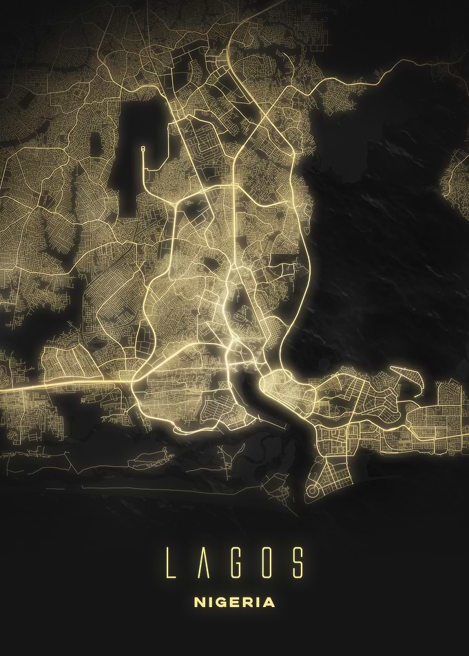 Lagos, Nigeria - Illuminated Streets Wall Poster, Contemporary City Night Art