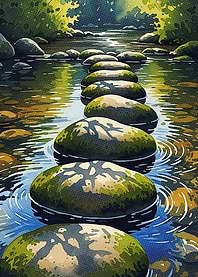 Stepping Stones in Stream Watercolor