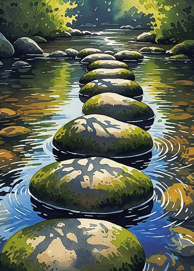 Stepping Stones in Stream Watercolor