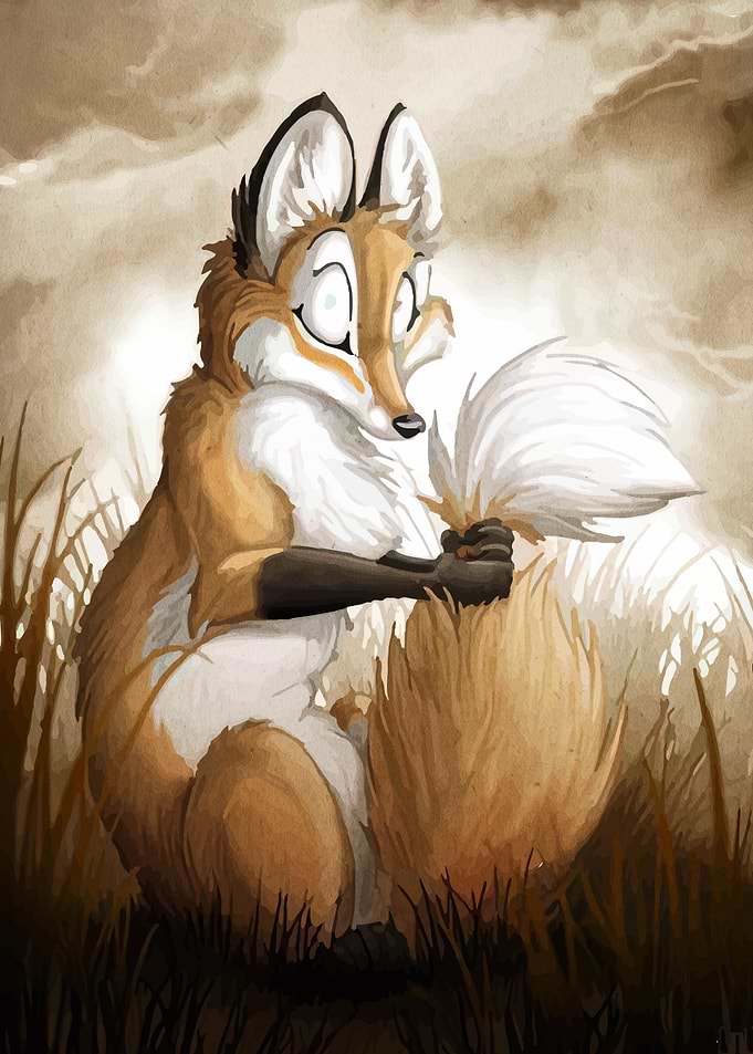 Cartoon Fox Sitting in Grassy Field