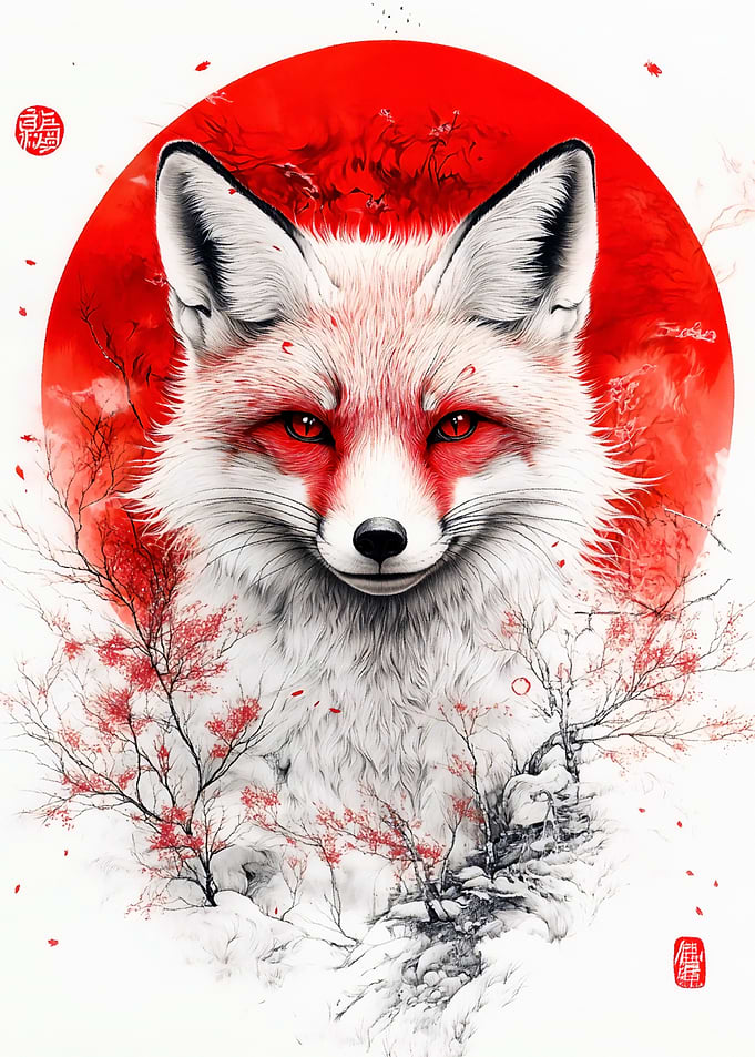 Fox with Red Moon and Blossoms