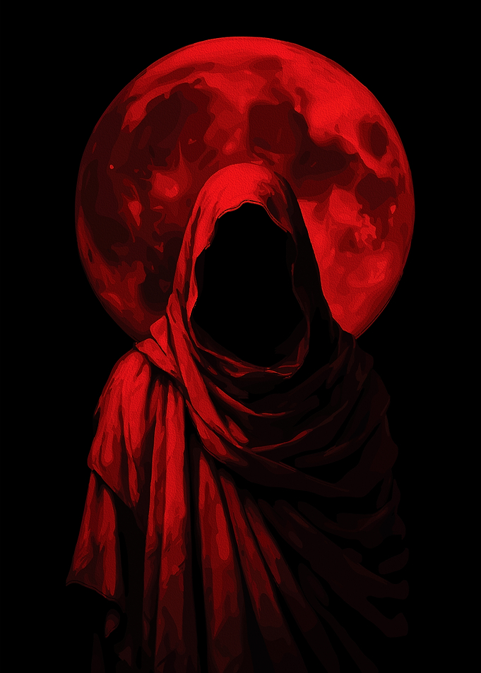 Red Hooded Figure with Blood Moon