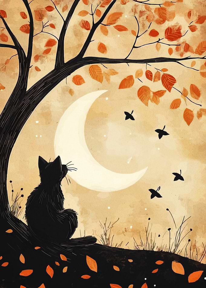 Black Cat Moon Autumn Leaves