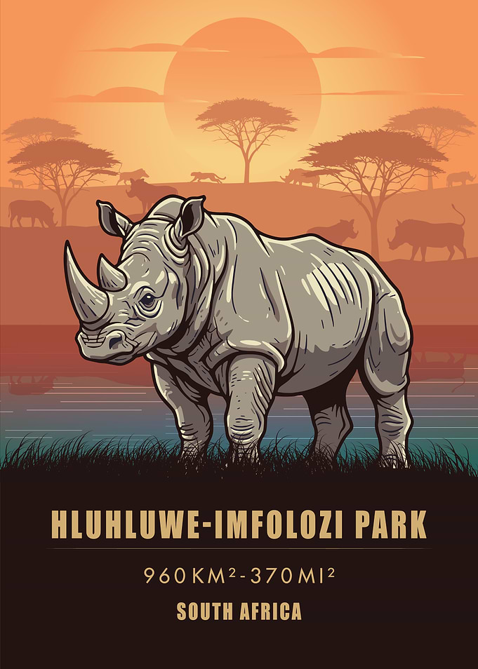 Vintage Hluhluwe-Imfolozi Rhino Poster , South Africa Big Five Art , Retro Wildlife Print