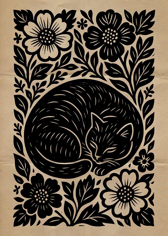 Sleeping Cat Floral Woodcut Illustration